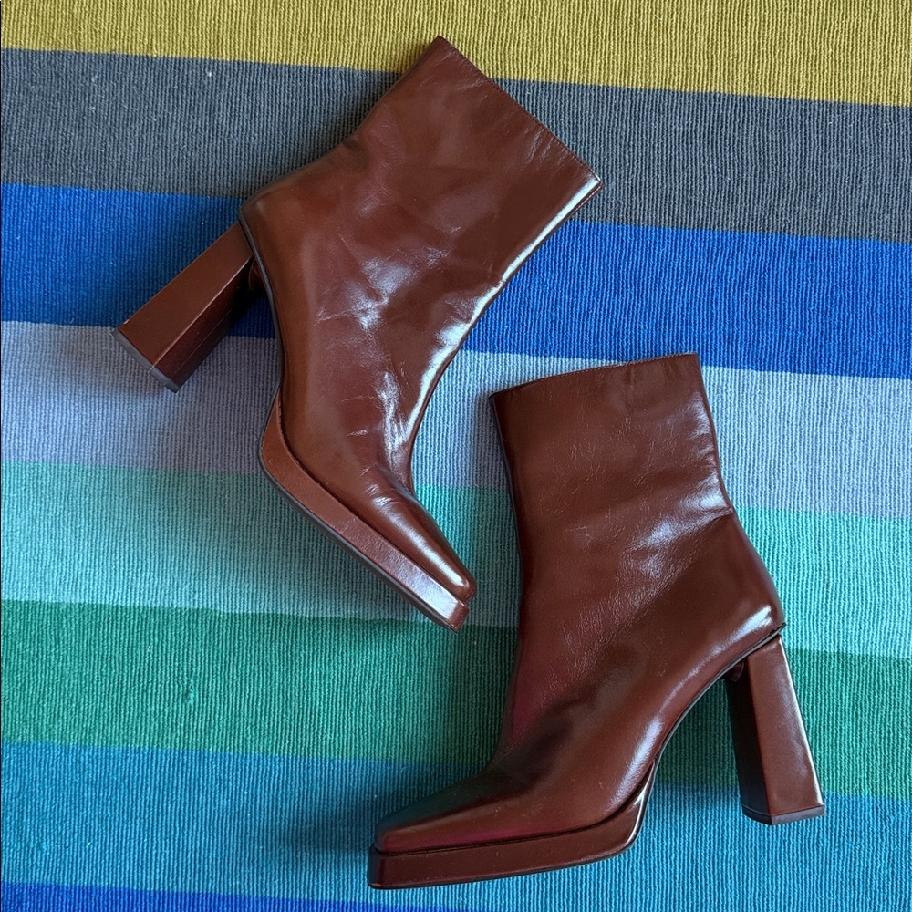 Jeffrey Campbell Maximal-Lo Chocolate Brown Leather Square Toe Heeled Boots 10